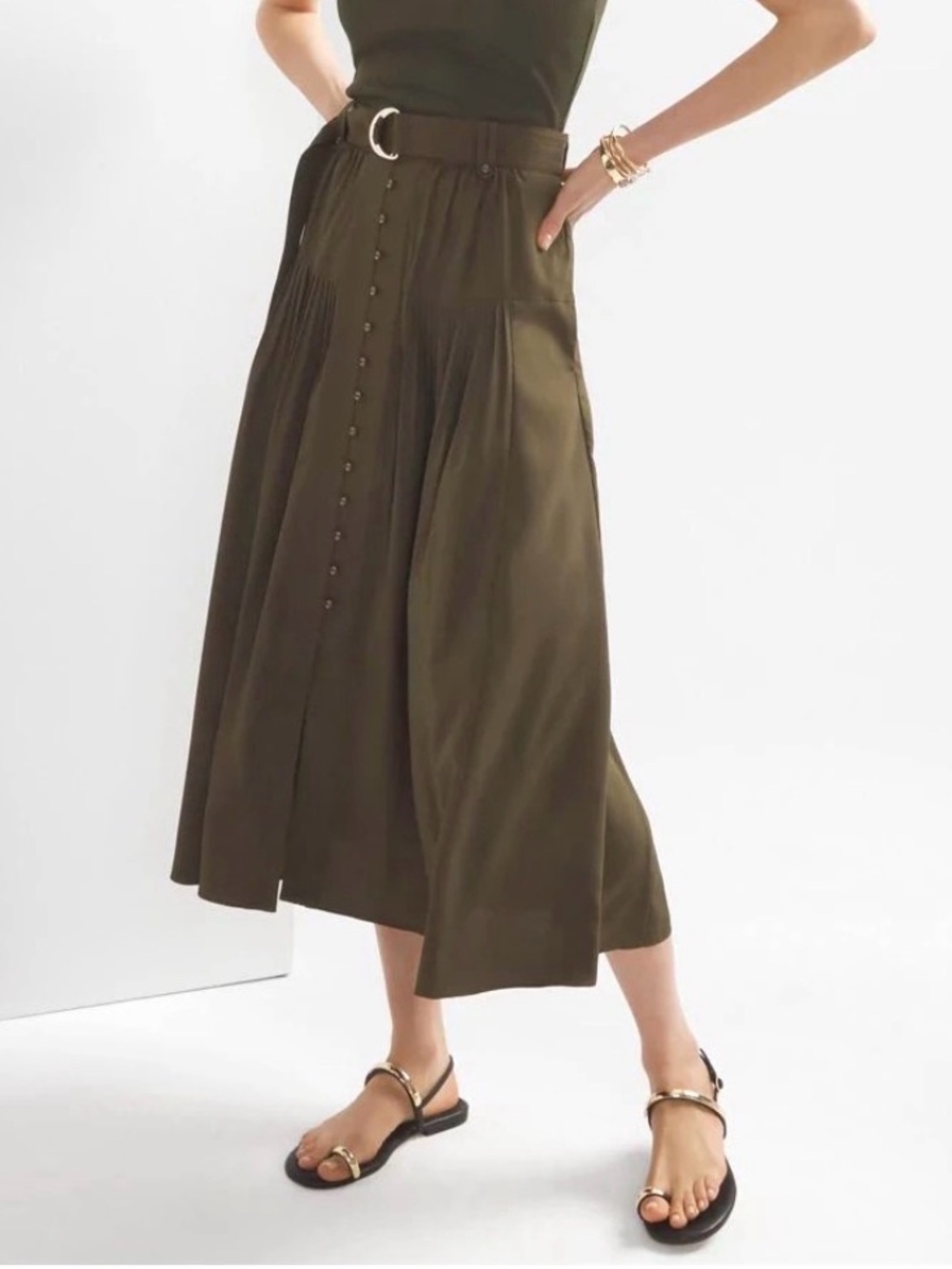 White House Black Market Pleated Midi Skirt Pockets Belt Hunter Green Large XL